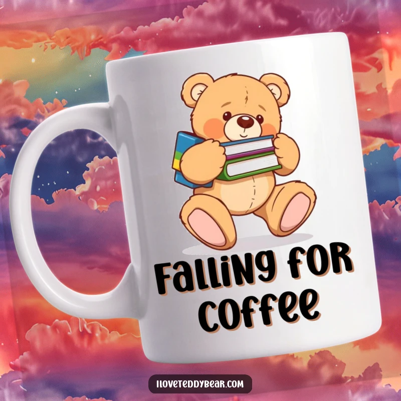 Funny mug with a clumsy teddy bear tripping over its big feet while dropping a stack of books, a humorous depiction. Great funny gift.