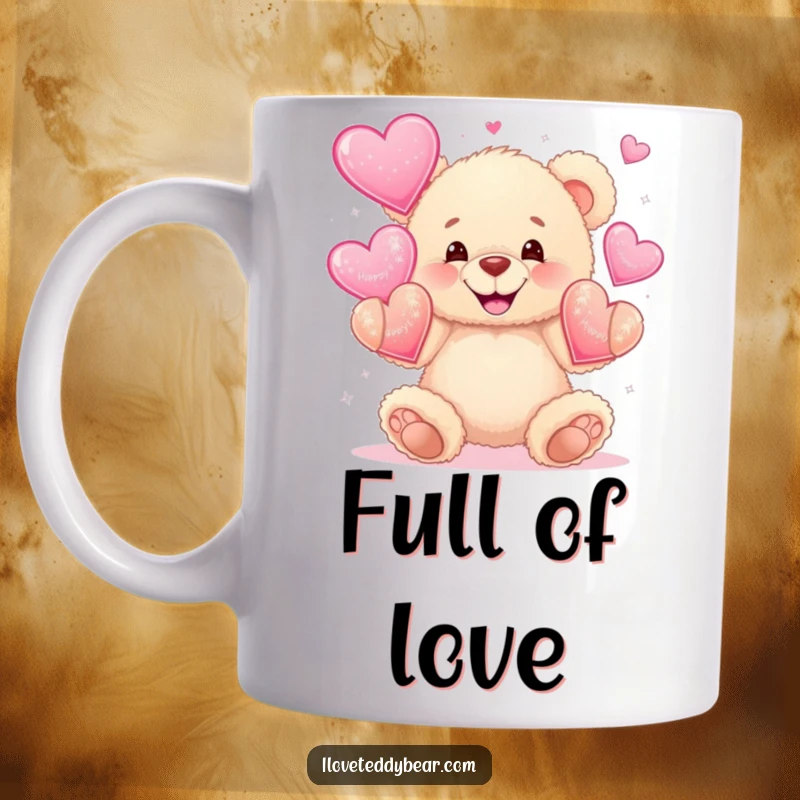 Funny mug with a fluffy teddy bear wide grinning while juggling sparkly hearts, embodying love, joy, and playful affection.