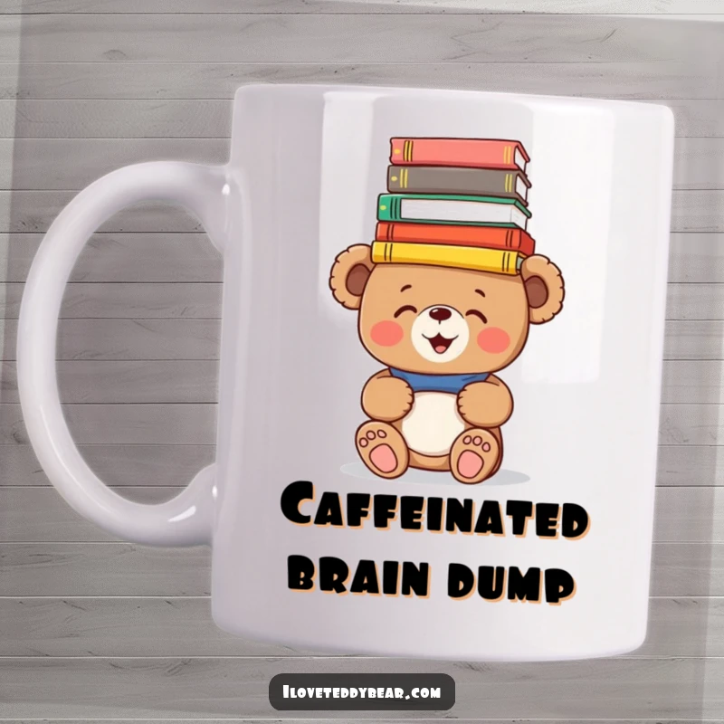 Funny Mug: A giggling teddy bear comically balances a tall stack of colorful books on its head, showcasing playful intelligence and humor.