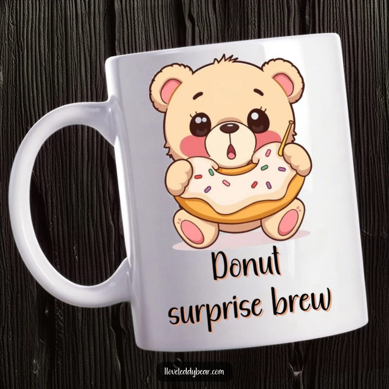 Funny Mug: A surprised teddy bear with wide eyes catches a giant, falling donut, capturing a moment of sweet, unexpected joy.