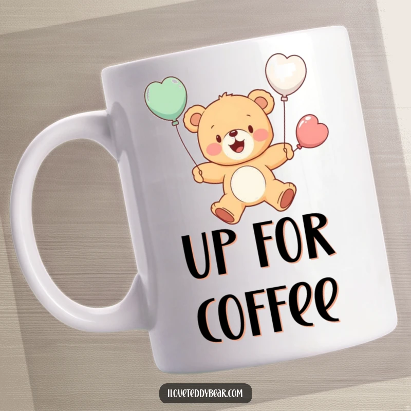 Funny mug with a cheerful teddy bear attempting to fly using small balloons as wings, showcasing hopeful ambition. A delightful funny gift.