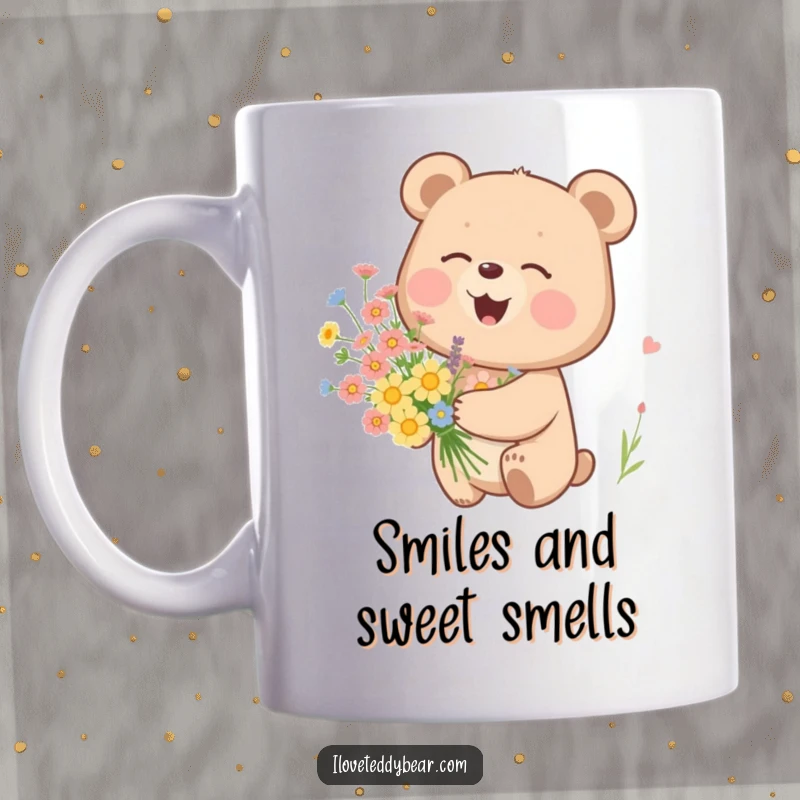 Funny mug depicting a happy bear giggling softly while holding a lovely bunch of colorful wildflowers, radiating warmth.