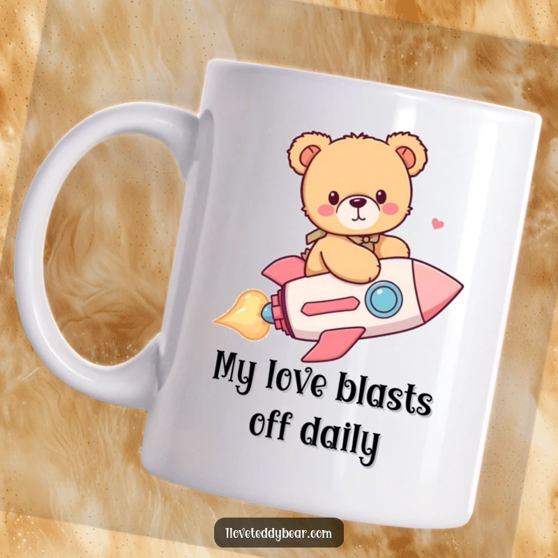 Funny mug featuring a cute teddy bear joyfully riding a rocket shaped like a giant red heart through the stars.