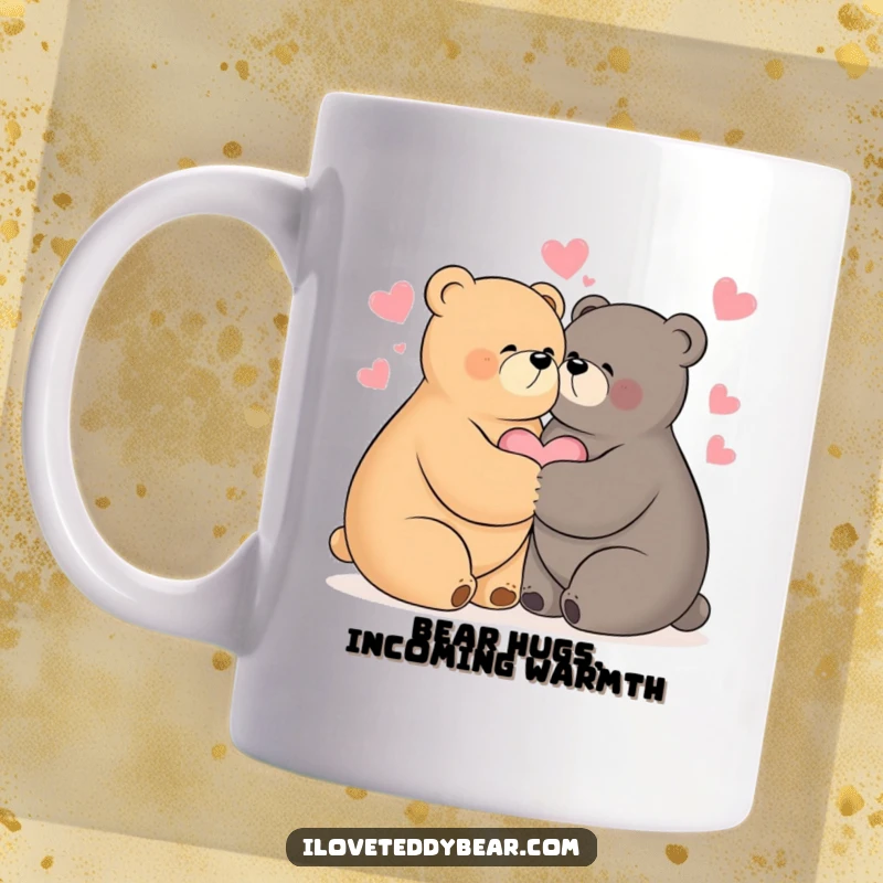 Funny mug illustration of two cute bears hugging tightly, surrounded by floating hearts, symbolizing love and affection.