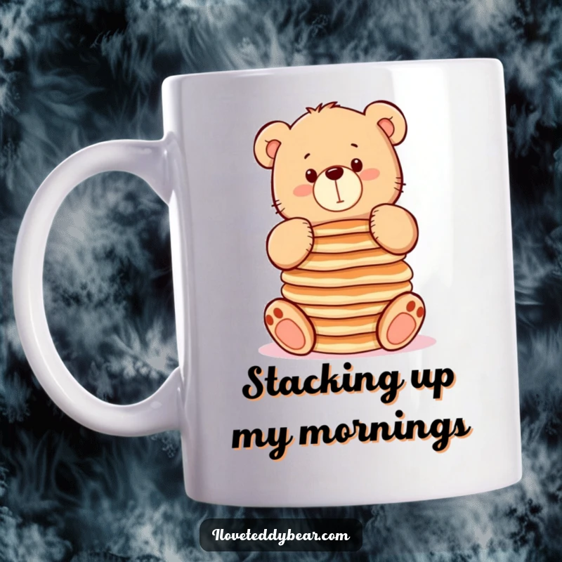 Funny mug with a chubby teddy bear struggling to balance a tall stack of pancakes, capturing a humorous breakfast moment.