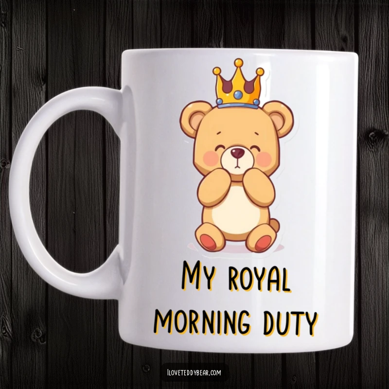 Funny mug featuring a teddy bear in a crown, dramatically bowing with a flourish, exuding royal charm and playful humor.