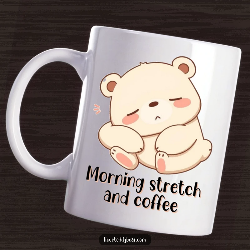 Funny sleepy bear mug, bear stretching lazily with a contented sigh, relatable cartoon art, morning relaxation.