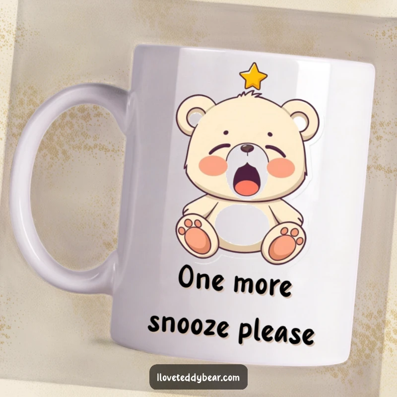 Funny Sleepy Teddy Bear Mug: A cute teddy bear yawning widely with a single twinkling star above its head, conveying coziness.