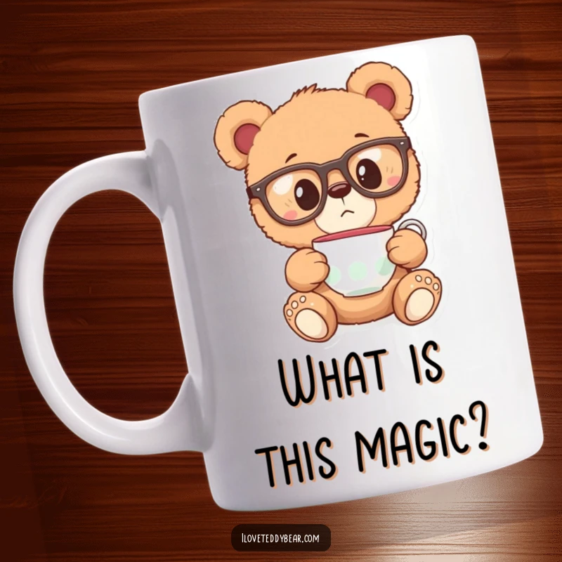 Funny mug showing a teddy bear wearing oversized glasses, looking utterly surprised at a floating teacup, conveying whimsical disbelief.