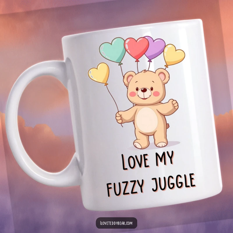 Funny Mug featuring a cute teddy bear artistically juggling a cluster of bright red heart-shaped balloons with a playful expression.