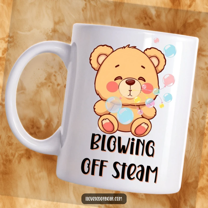 Funny mug with a happy teddy bear blowing colorful bubbles, conveying joy and playfulness, perfect for gifting.