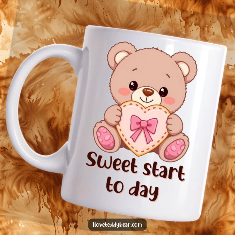 Funny Teddy Bear Cookie Mug: A teddy bear proudly offers a heart-shaped cookie with a bow, symbolizing love and sweetness.