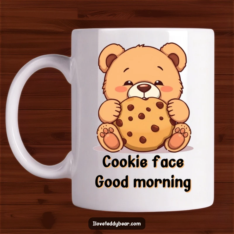 Funny teddy bear mug showing a bear making a funny face while trying to eat a giant cookie discreetly.
