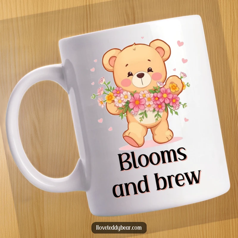Funny Teddy Bear Mug showing a joyful bear dancing enthusiastically with a large bouquet of colorful flowers.