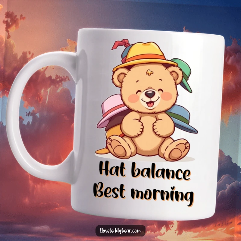Funny teddy bear mug showing a bear giggling while balancing a tower of mismatched hats, perfect for humor lovers.