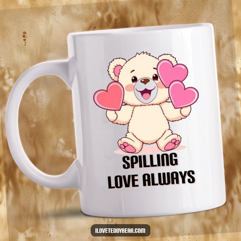 Funny fluffy teddy bear with a wide grin juggling three large hearts, perfect for a funny mug.