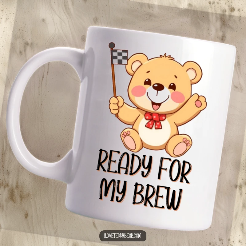 Funny Teddy Bear Racing Flag Mug: A determined teddy bear enthusiastically waves a checkered flag, celebrating a win.