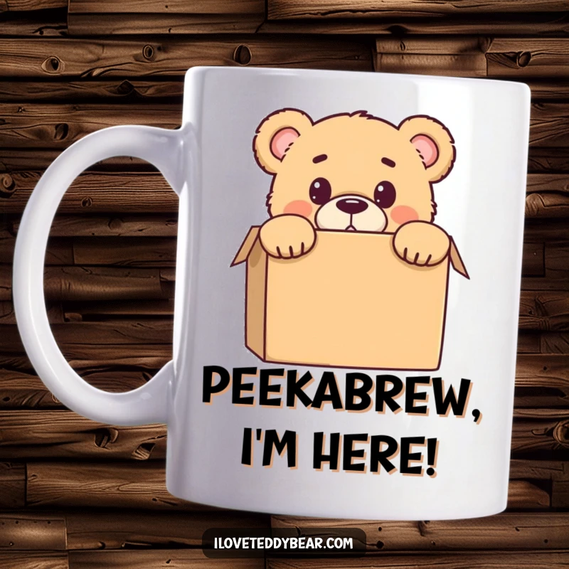 Funny mug with a teddy bear peeking from behind a box, showing a shocked and hilarious expression, ideal for gifting.