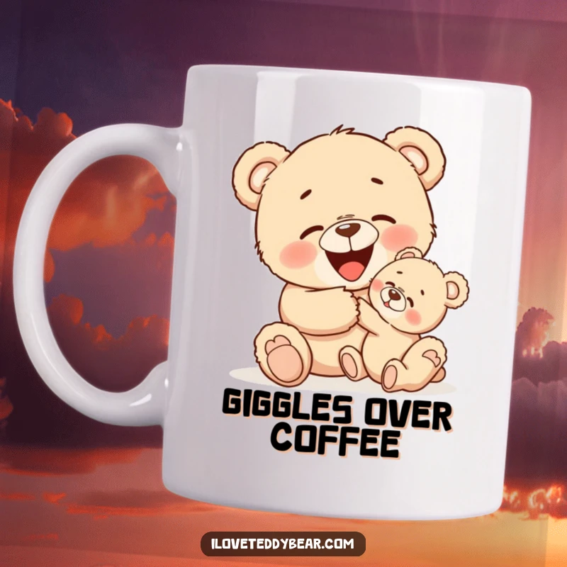 Funny mug depicting a larger teddy bear joyfully tickling a smaller, giggling teddy bear, capturing a moment of pure playful affection.