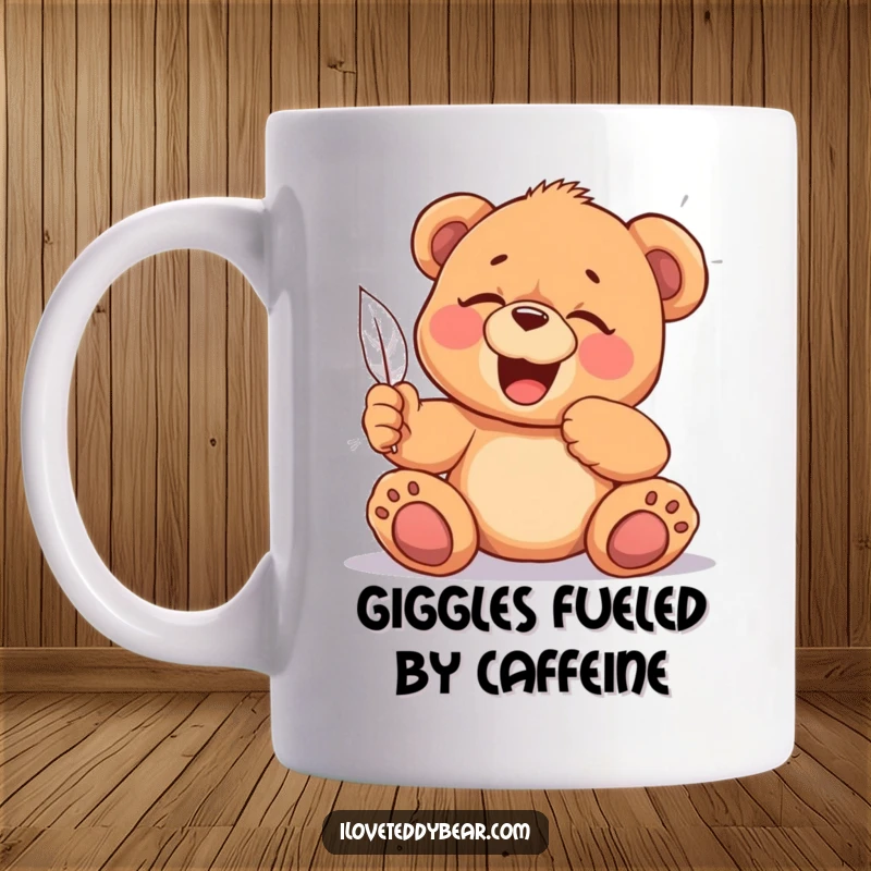 Funny Tickled Teddy Bear Mug: A teddy bear uncontrollably giggling while being tickled by a feather, radiating pure amusement, a perfect funny gift.