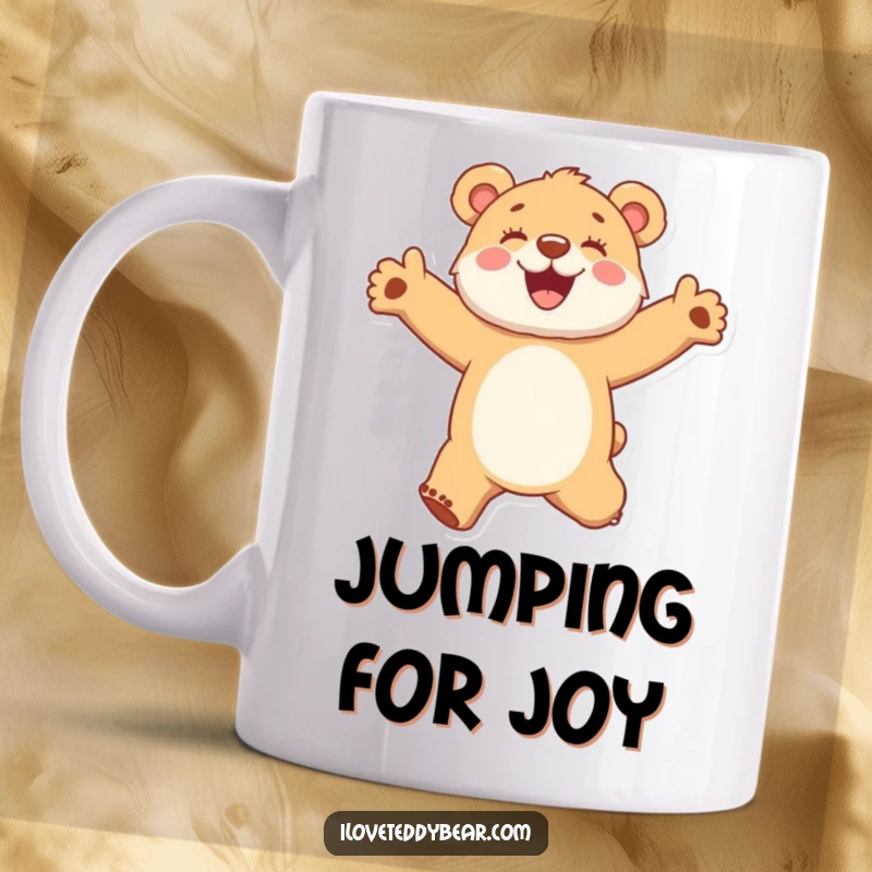 Funny mug showcasing a fuzzy bear cub jumping with unbridled glee, its arms outstretched in pure exuberance.