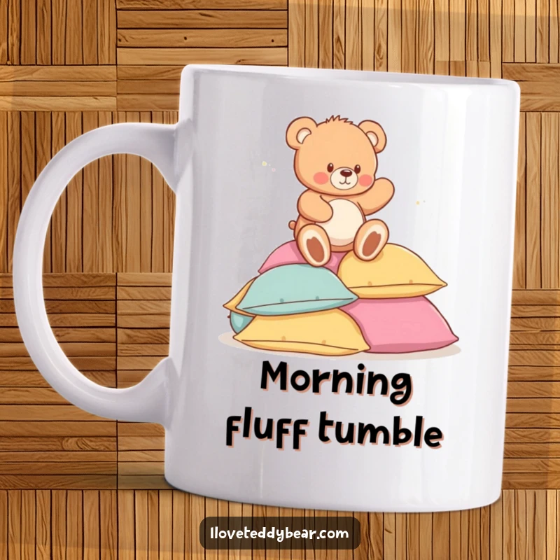 Funny mug showing a cute teddy bear playfully tripping and falling into a soft, fluffy pile of colorful pillows with a surprised expression.