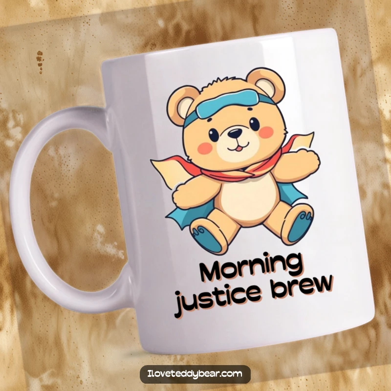 Funny mug shows a determined teddy bear in a superhero cape bravely flying through the sky, ready to save the day with a smile.