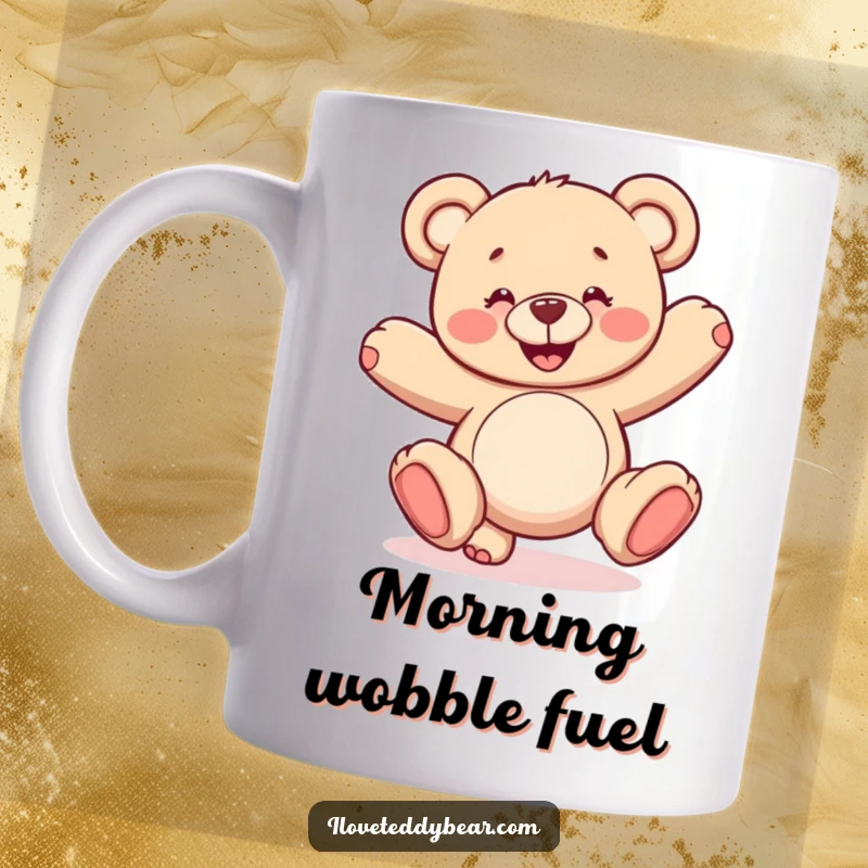 Funny teddy bear mug showing a smiling bear doing a comical, unstable cartwheel. A hilarious design for mug lovers.