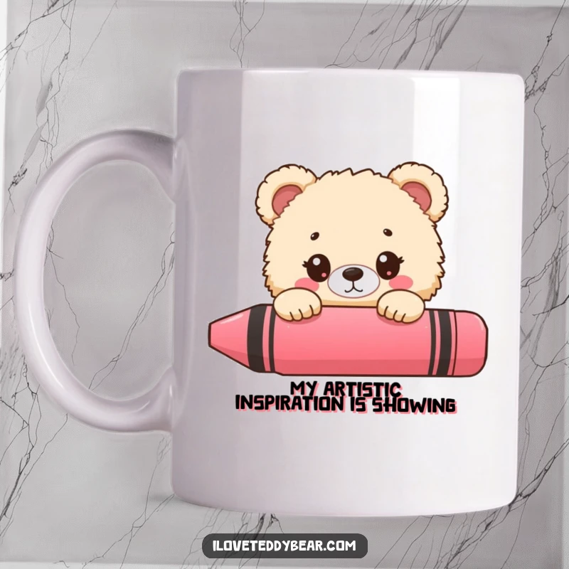 Funny bear mug, peeking with wide eyes from behind a giant crayon, artistic and playful design, perfect gift.