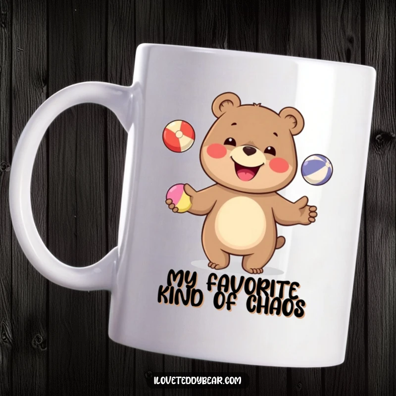 Funny mug showcasing a happy bear with a wide smile, expertly juggling three vibrant balls, exuding pure joy and playful energy.