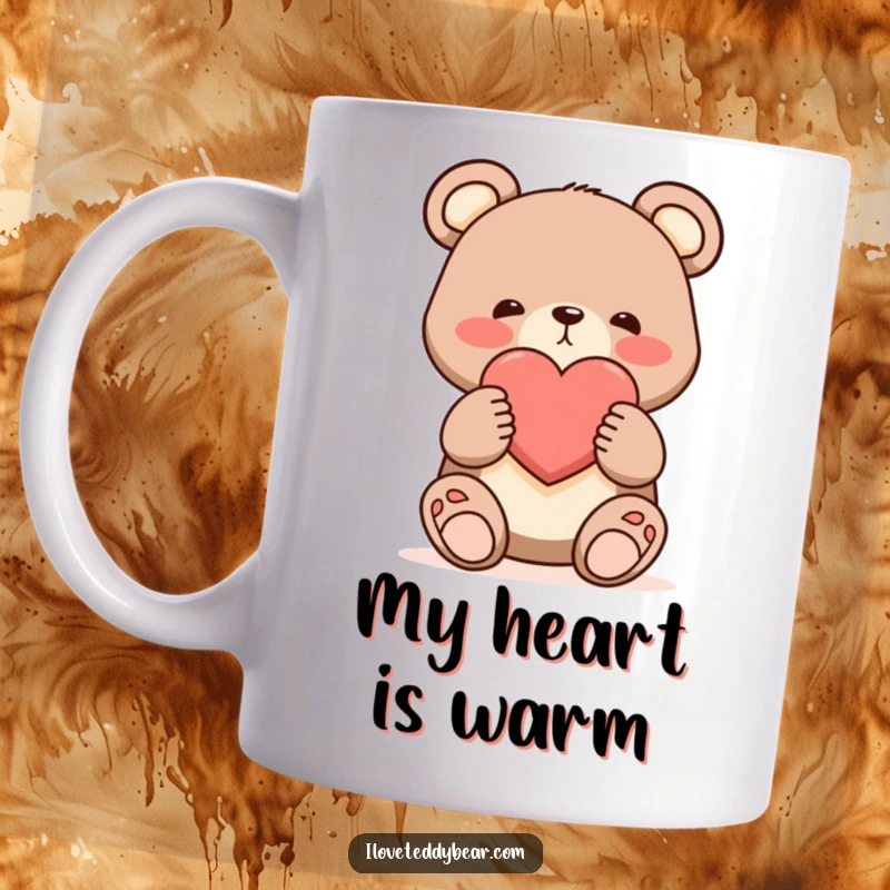 Funny shy bear mug, bear offering a single large heart with a blush, tender cartoon art, romantic gesture.