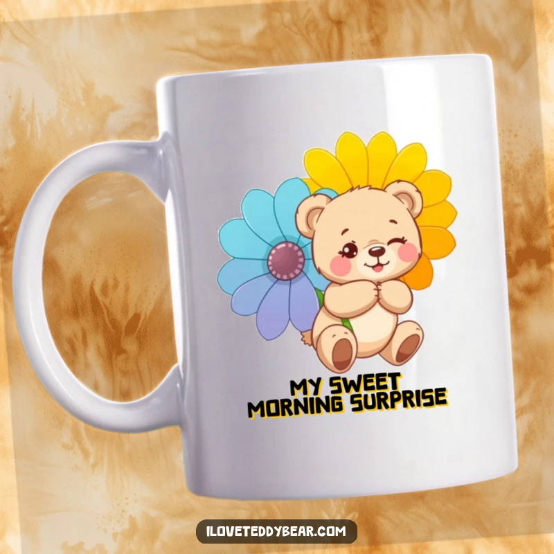 Funny mug featuring a teddy bear winking mischievously, holding a giant flower hidden behind its back, hinting at a sweet surprise.