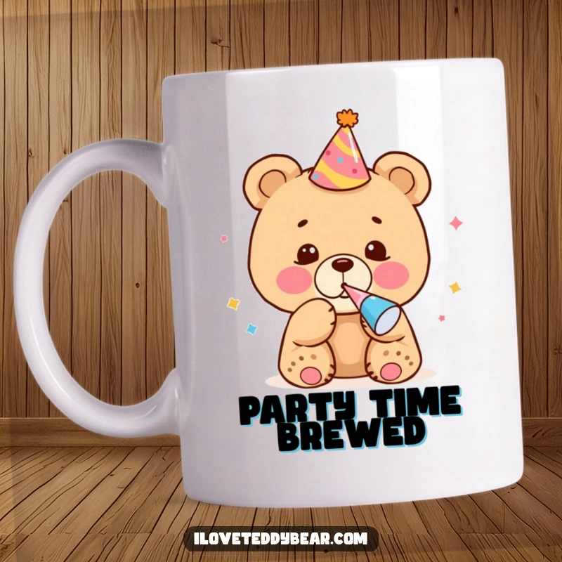 Funny Mug featuring a cute bear cub wearing a party hat and blowing a noisemaker, radiating festive joy.