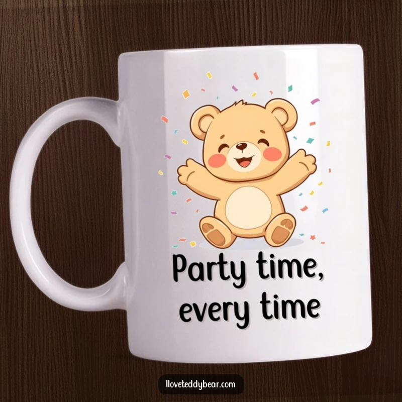 Funny, joyful teddy bear character throwing a shower of colorful confetti, depicted on a festive mug for celebration lovers.