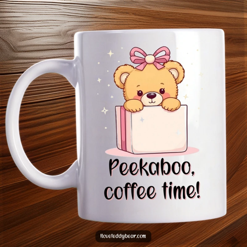 Funny mug featuring a cute teddy bear peeking from behind a giant, sparkly present, conveying playful anticipation and birthday cheer.