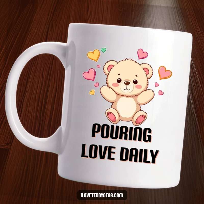 Funny Teddy Bear Mug: A fluffy teddy bear happily juggling multiple colorful hearts, symbolizing love, joy, and playful affection.