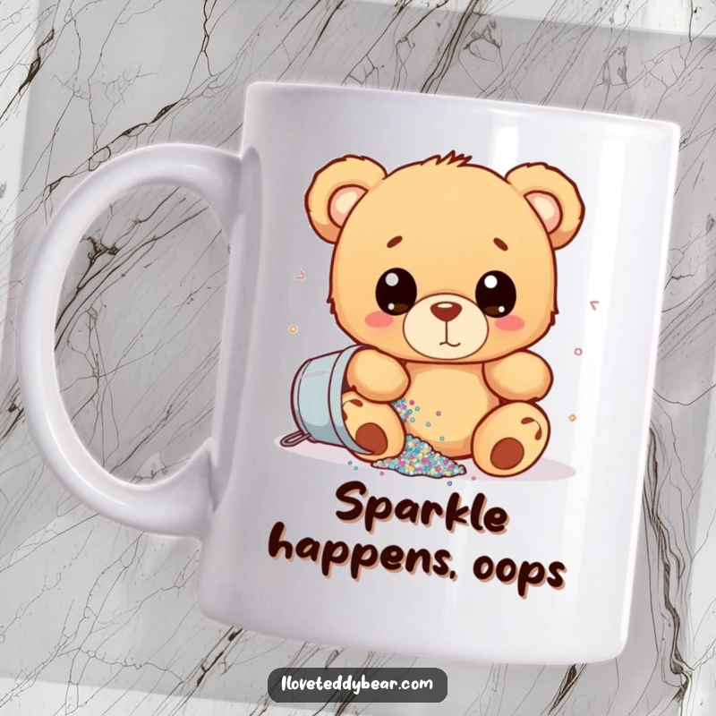 Funny mug featuring a teddy bear with wide eyes, accidentally spilling a bucket of glitter, creating a sparkly, humorous mishap.