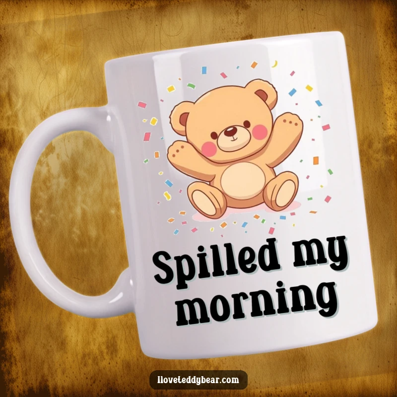 Funny mug depicting a teddy bear comically tripping and scattering colorful confetti, symbolizing playful chaos and celebration.