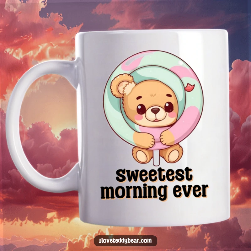 Funny Teddy Bear Mug showing a cute bear peeking playfully from behind a giant, colorful lollipop, full of sweet mischief.