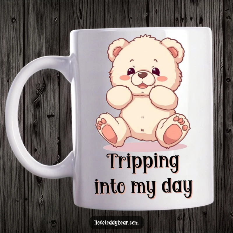 Funny mug of a fluffy teddy bear comically tripping over its own feet, conveying adorable clumsiness and gentle humor.
