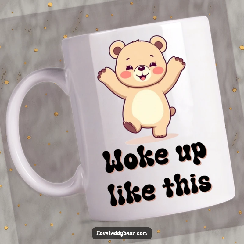 Funny mug showcasing an ecstatic bear with paws raised high, captured mid-dance, radiating pure happiness and infectious energy.