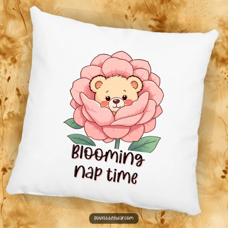 Funny Pillow: A shy teddy bear with rosy cheeks peeks from behind a giant blooming flower, adding a touch of sweet, bashful charm to your decor.