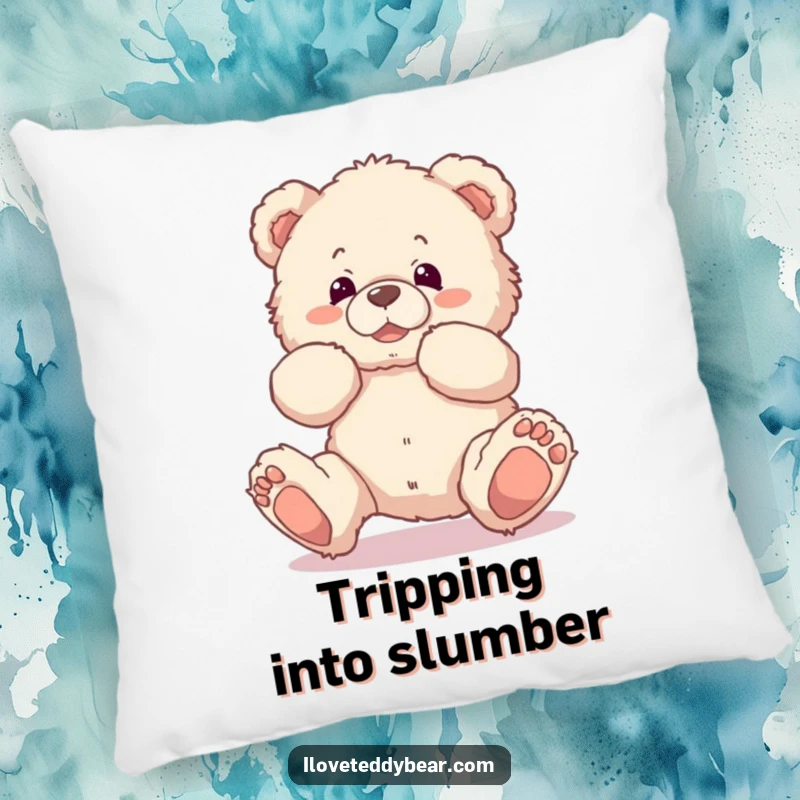 Funny pillow featuring a fluffy teddy bear comically tripping over its own feet, offering soft comfort and endearing, humorous charm.