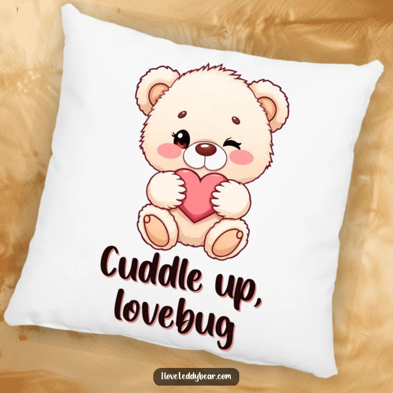 Funny pillow featuring a fluffy teddy bear winking and holding a heart, soft and huggable.