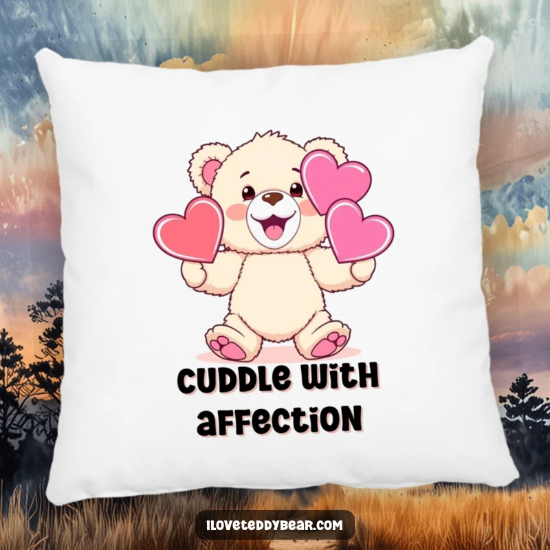 Funny fluffy teddy bear juggling hearts, designed for a soft funny pillow.