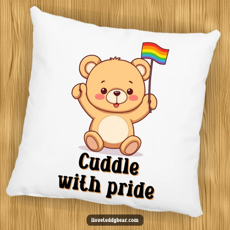 Funny pillow designed with a teddy bear enthusiastically waving a tiny rainbow flag, offering humorous and comfortable decor.