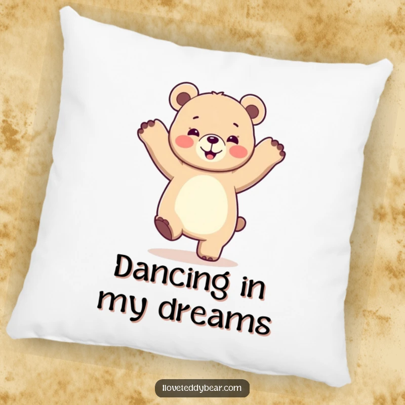 Funny pillow featuring a bear gleefully dancing with its paws raised, adding a soft touch of playful decoration.