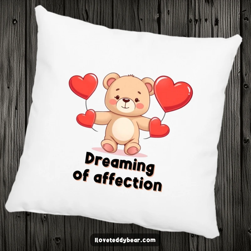 Funny Teddy Bear Pillow with a cute bear struggling to juggle three large red hearts, offering soft comfort and humor.