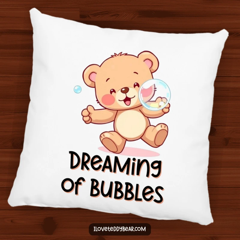 Funny Pillow displaying a cute teddy bear enthusiastically pursuing a big, shimmering bubble, adding a touch of playful charm to any space.