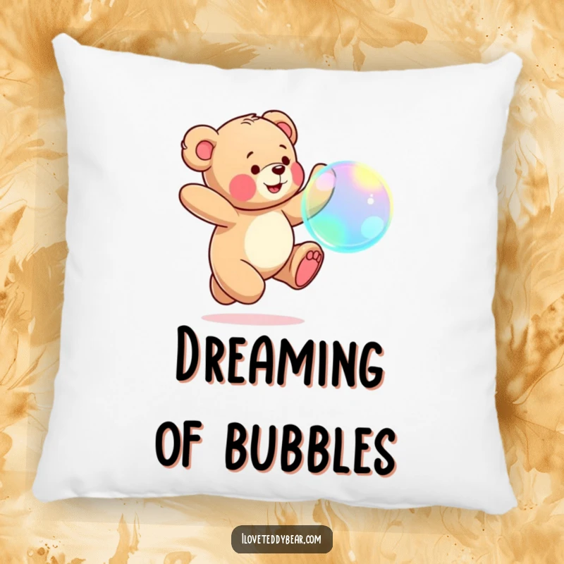 Funny Teddy Bear Pillow: A teddy bear playfully chasing a big, iridescent bubble, bringing a sense of joy and whimsy.